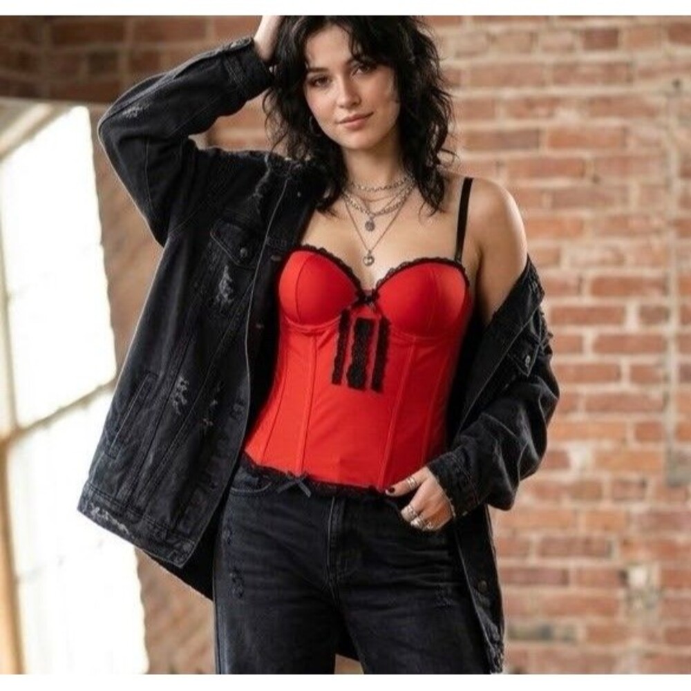 Vintage Y2K Bebe Red Bustier Corset Top Black Lace Bows Whimsigoth Vamp Medium